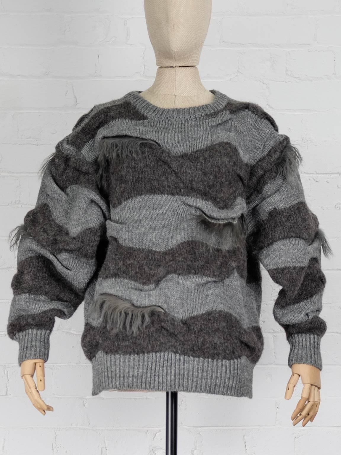 1980s ISSEY MIYAKE two piece striped jumper with fur trims and shawl In Excellent Condition For Sale In London, GB