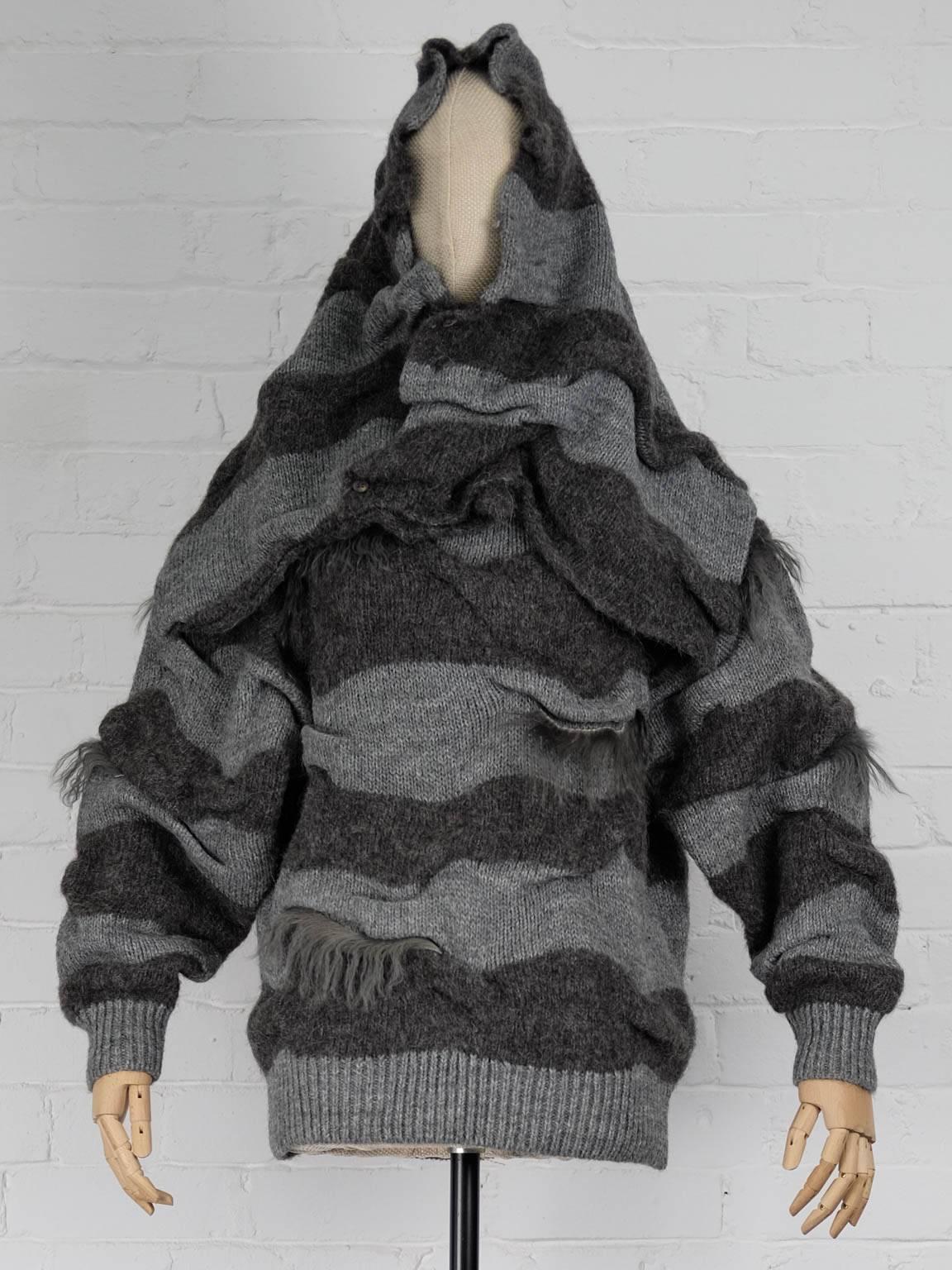 Gray 1980s ISSEY MIYAKE two piece striped jumper with fur trims and shawl For Sale