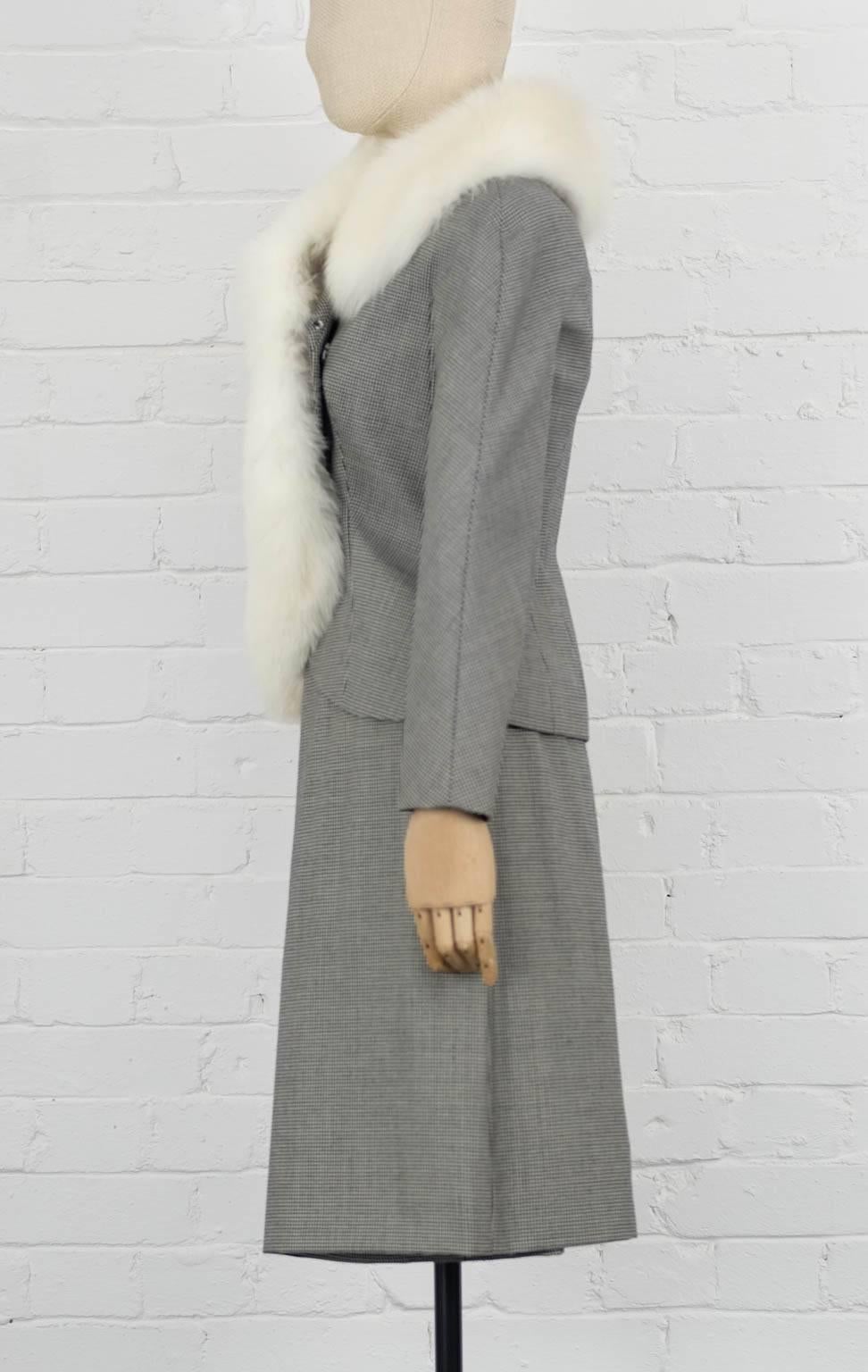 Gray 1990's CHRISTIAN DIOR by John Galliano Houndstooth fox fur jacket and skirt suit For Sale