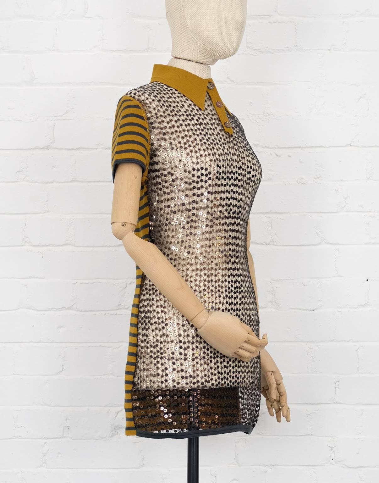 Nude, brown and grey cotton blend sequinned polo shirt from Jean Paul Gaultier Vintage featuring a classic collar, a front mother-of-pearl button fastening, a sequinned see-through panel at the front, striped short sleeves, a stripe print at the