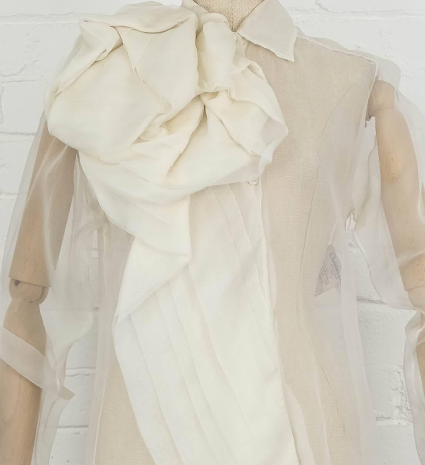 Beige Circa 2004 CHRISTIAN DIOR by John Galliano silk bow sheer blouse unworn For Sale