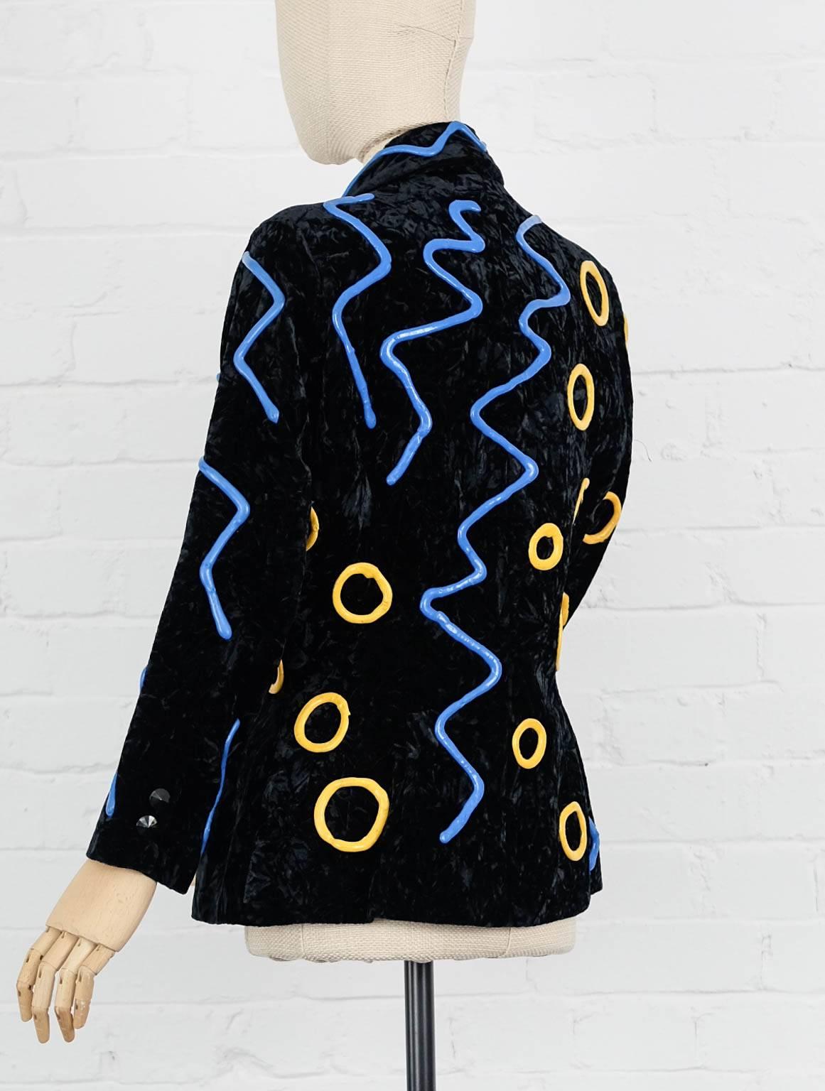 Black 1980s KANSAI YAMAMOTO  rubber patterned velvet jacket For Sale