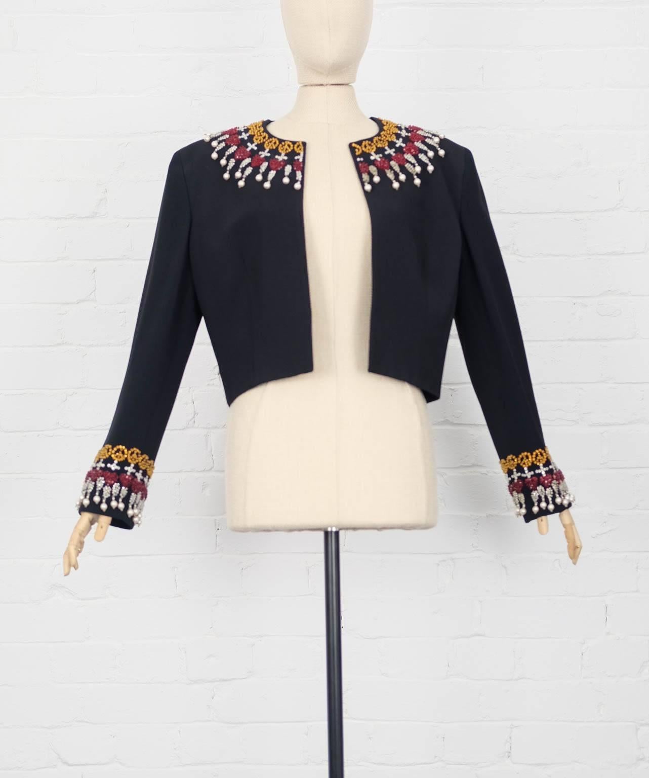 Black 90's MOSCHINO Pearls embellished cropped jacket For Sale