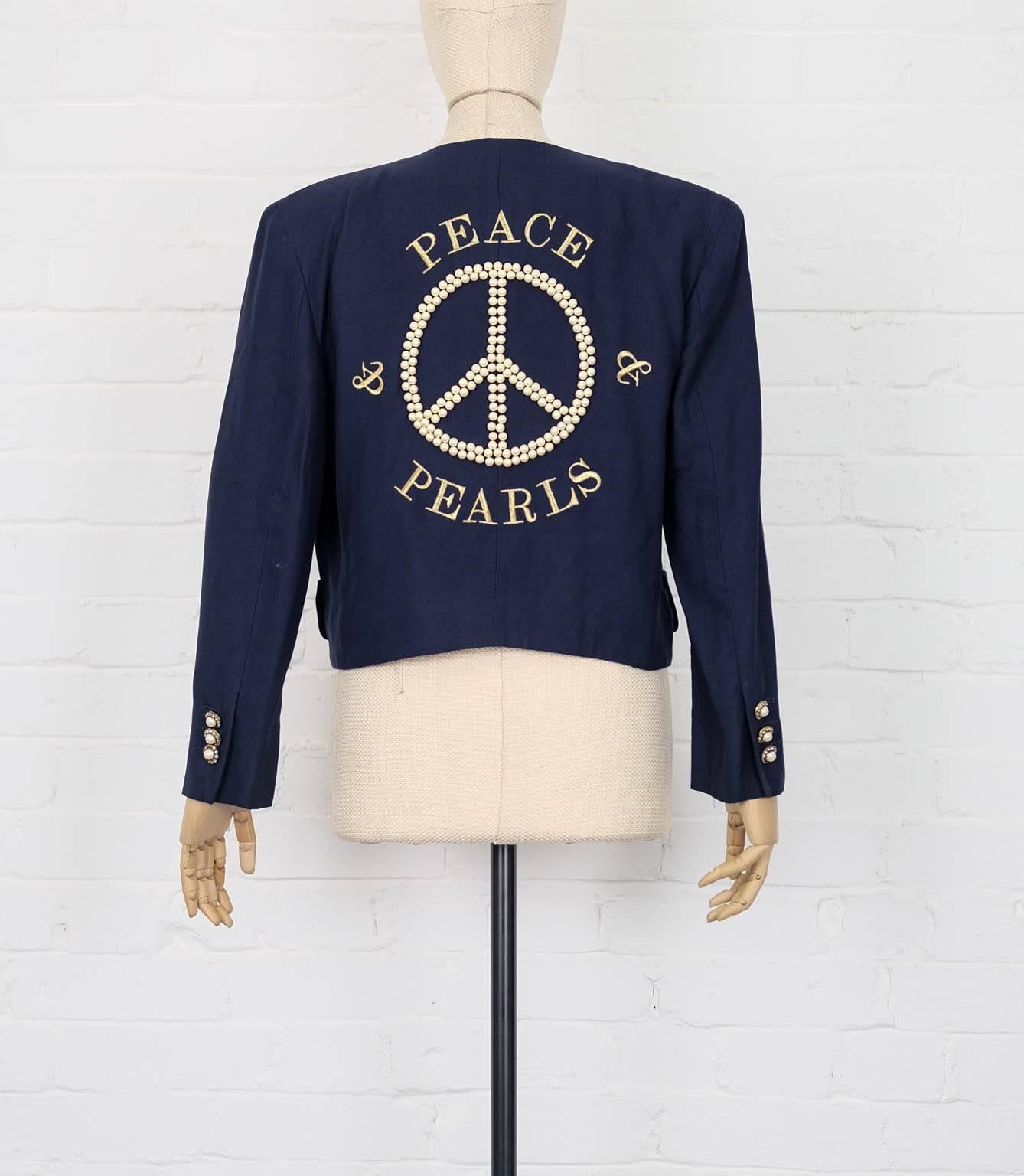 Black 1989 MOSCHINO Couture vintage Peace & Pearls embroidered jacket For Sale