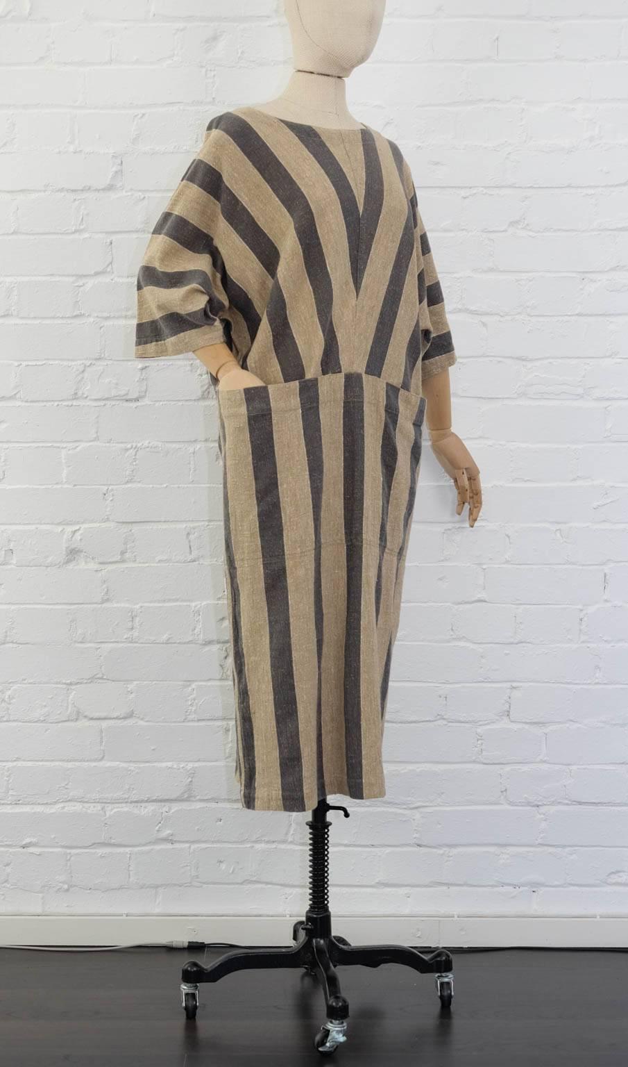 Brown Issey Miyake Plantation Khaki Striped Woven Dress, Circa 1980's For Sale