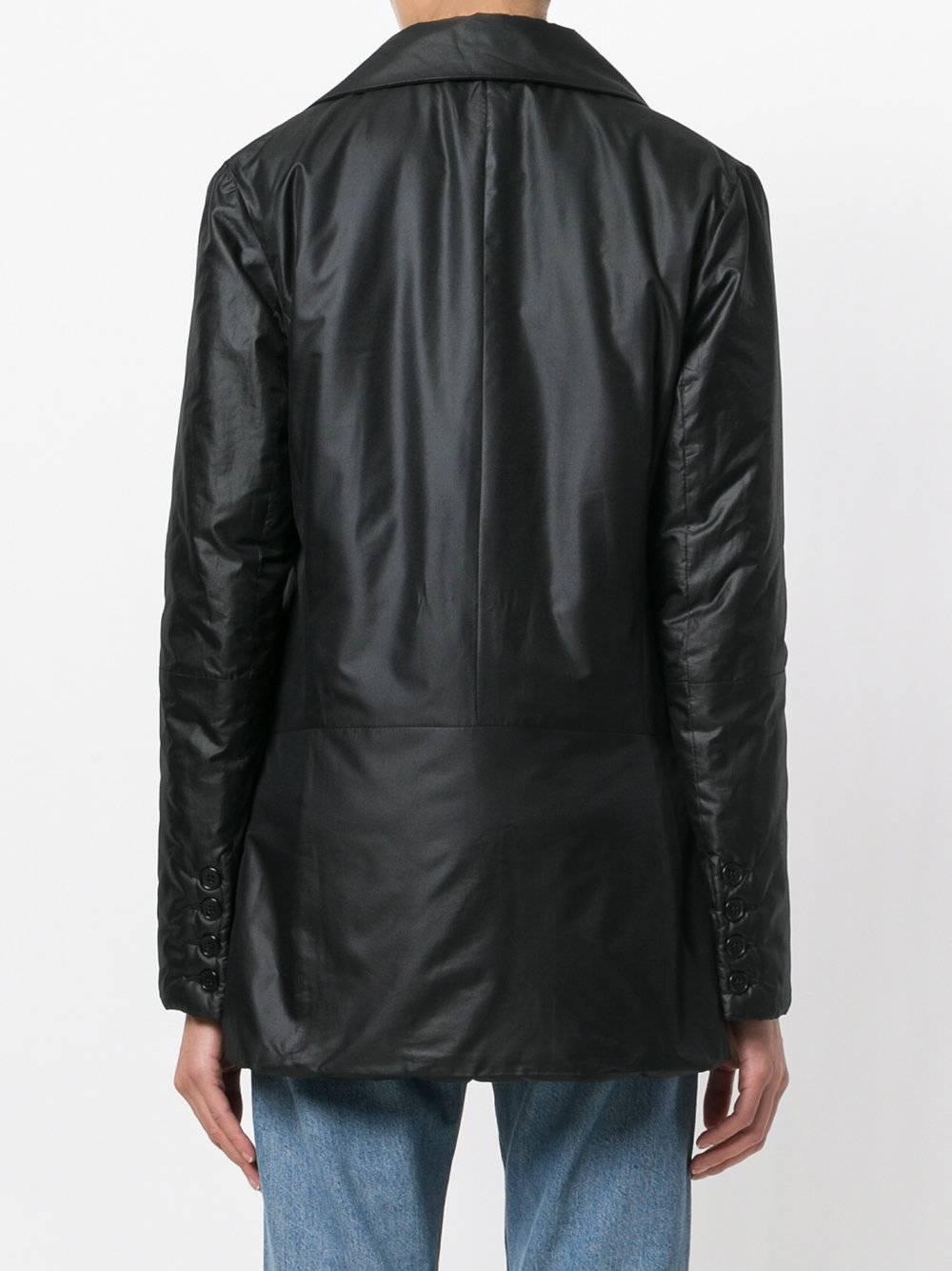 1997 Helmut Lang padded jacket with a traditional double-breasted fastening in matte black and features classic lapels, long sleeves with button cuffs, front flap pockets and a straight hem

Composition:
polyester 100%

Outer Composition:
cotton