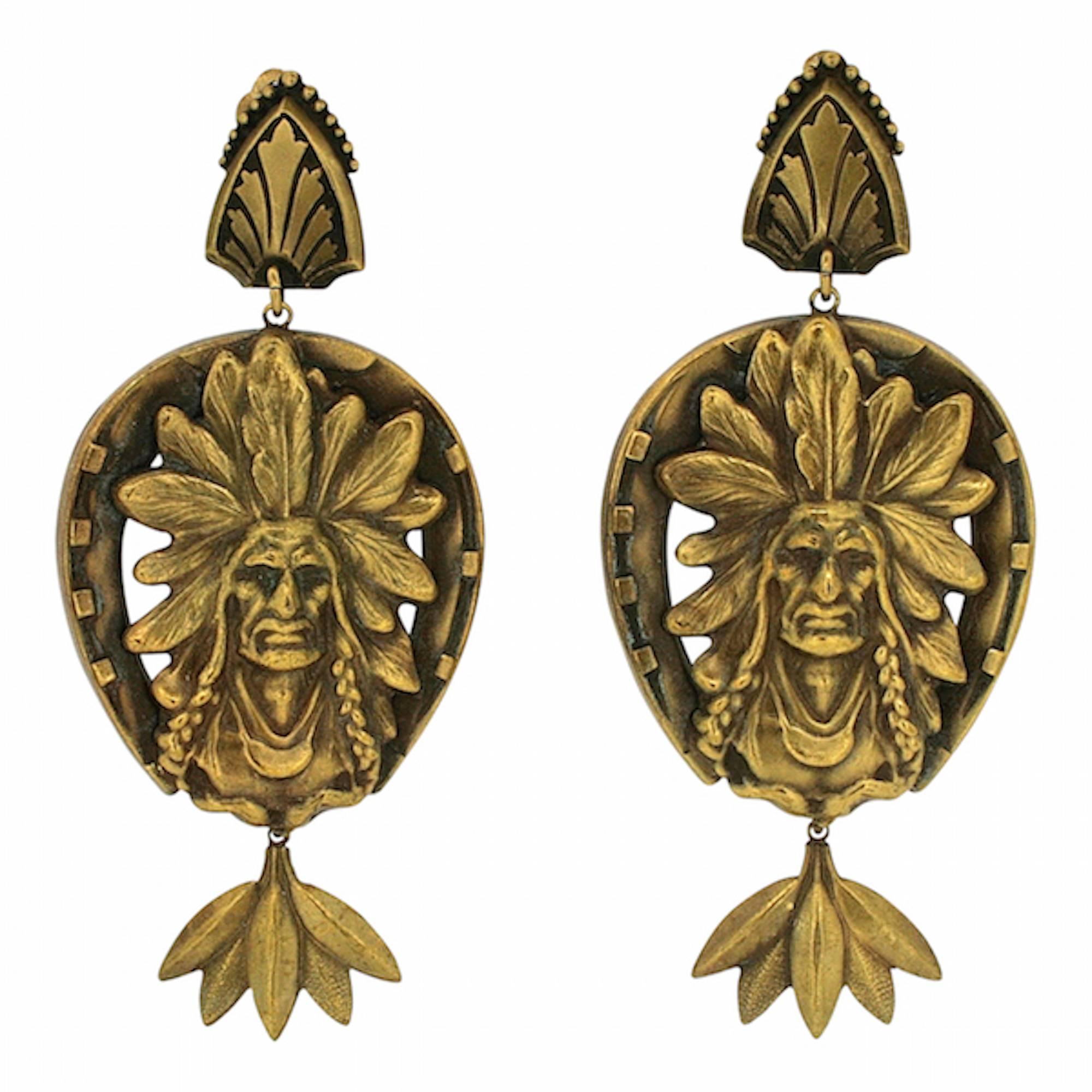 Joseff of Hollywood 1950s Russian Gold Plate Native American Vintage Earrings For Sale