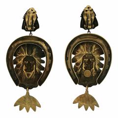 Joseff of Hollywood 1950s Russian Gold Plate Native American Vintage Earrings