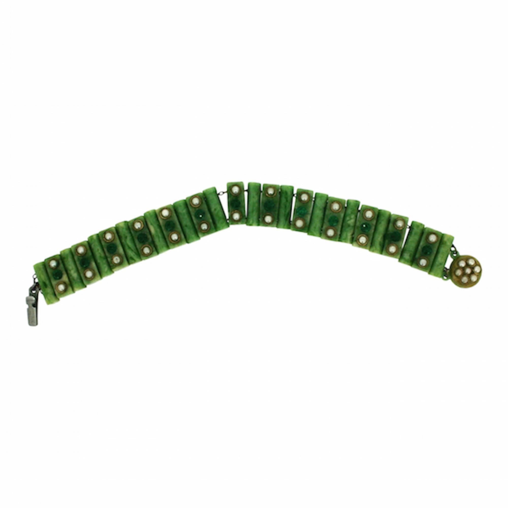 1930s Green Celluloid and Rhinestone Vintage Bracelet For Sale