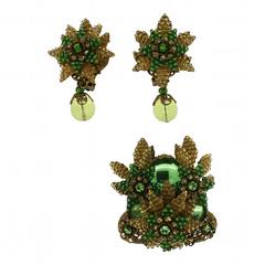 Stanley Hagler 1980s Green Floral Retro Brooch and Earrings Set