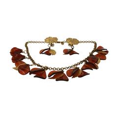 Miriam Haskell 1970s Lucite and Gilt Metal Vintage Necklace and Earrings Set