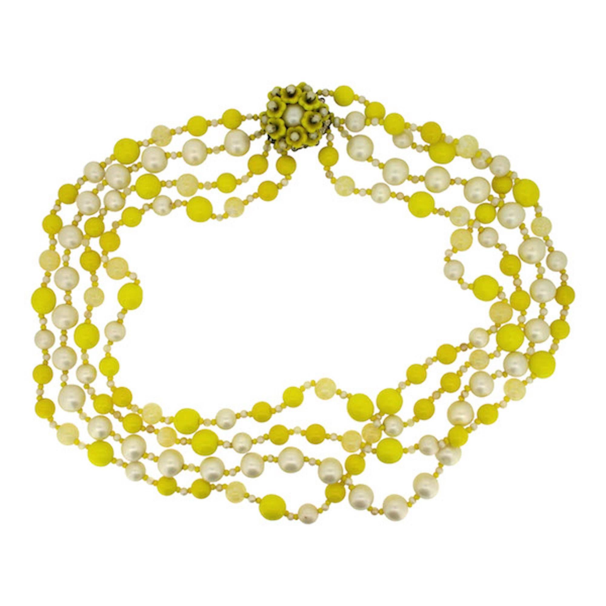 Miriam Haskell 1950s Yellow Glass Bead Vintage Necklace For Sale