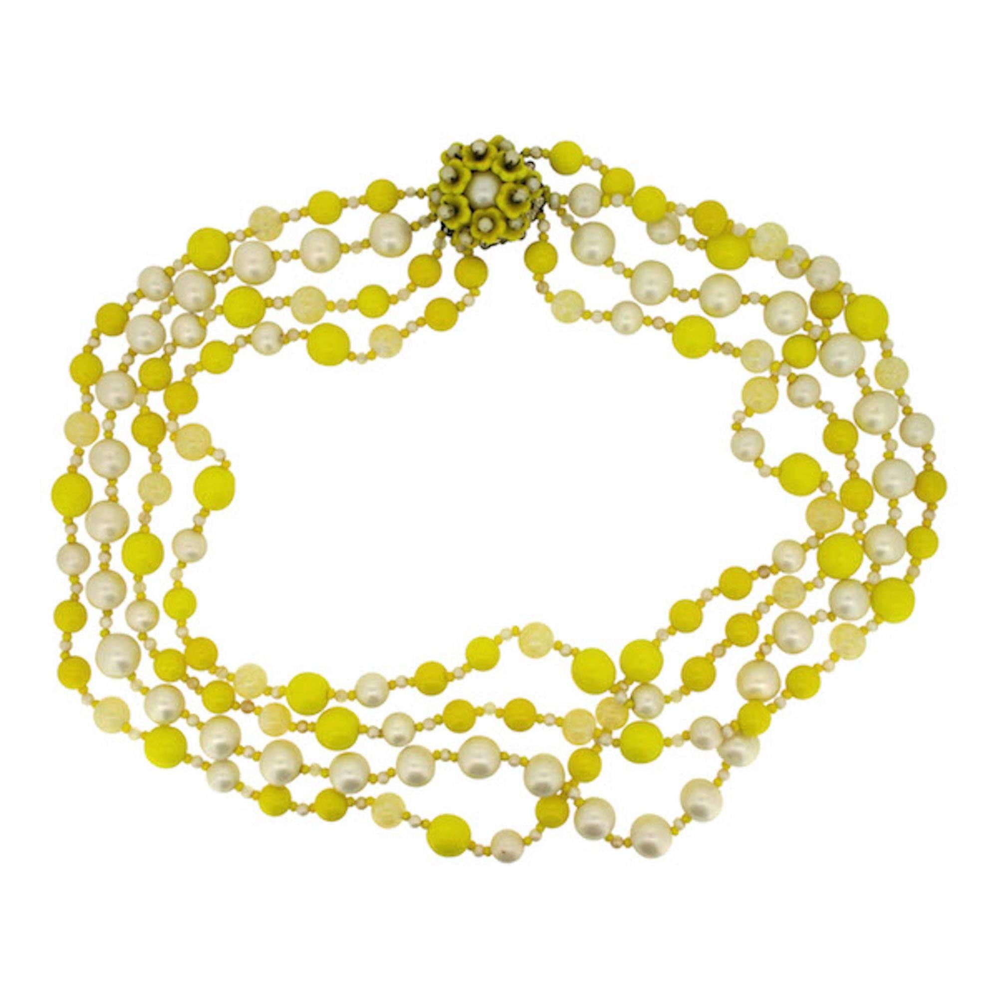 Miriam Haskell 1950s Yellow Glass Bead Vintage Necklace For Sale at 1stDibs