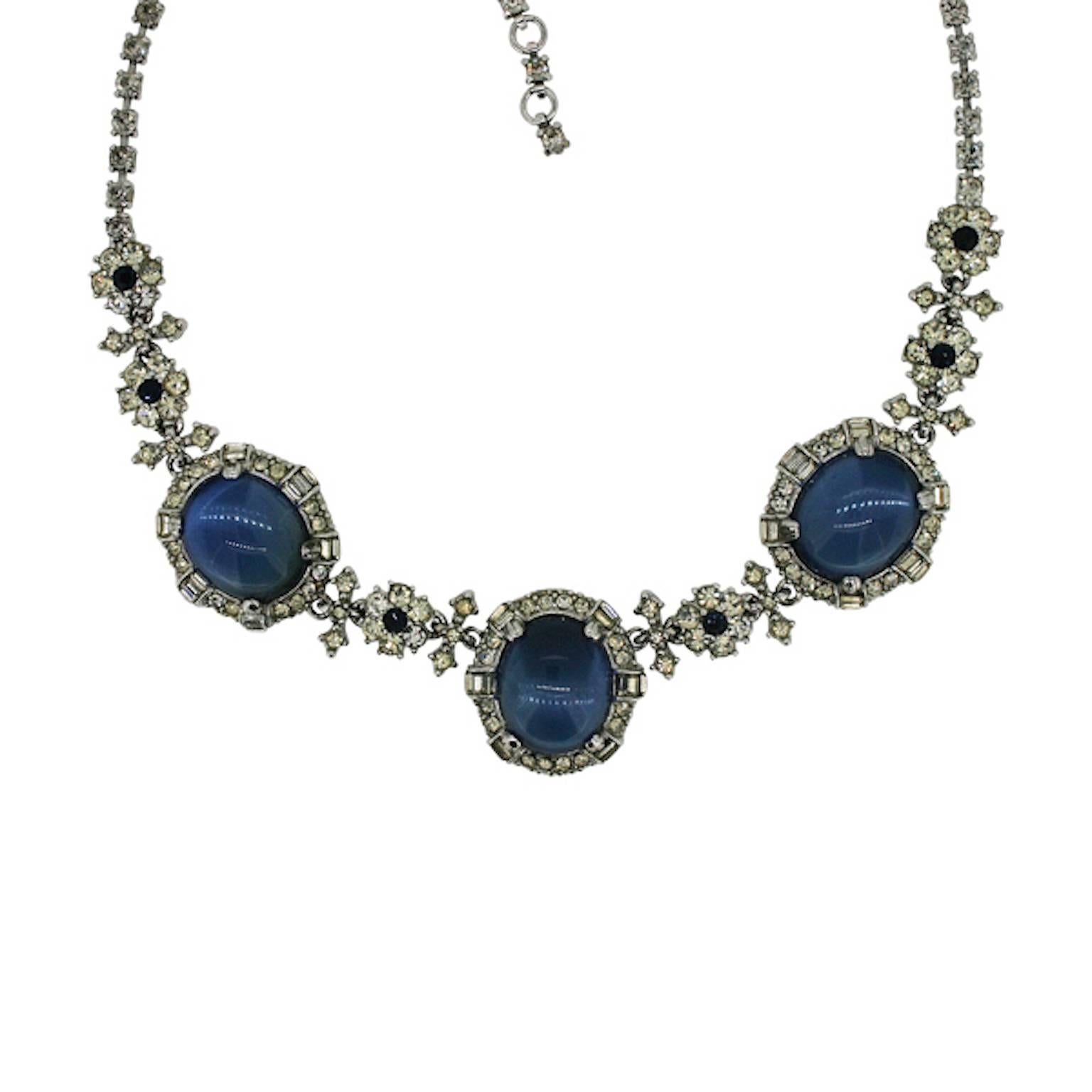 Ciner 1949 Rhinestone and Blue Glass Necklace and Earrings Set In Good Condition For Sale In Wigan, GB