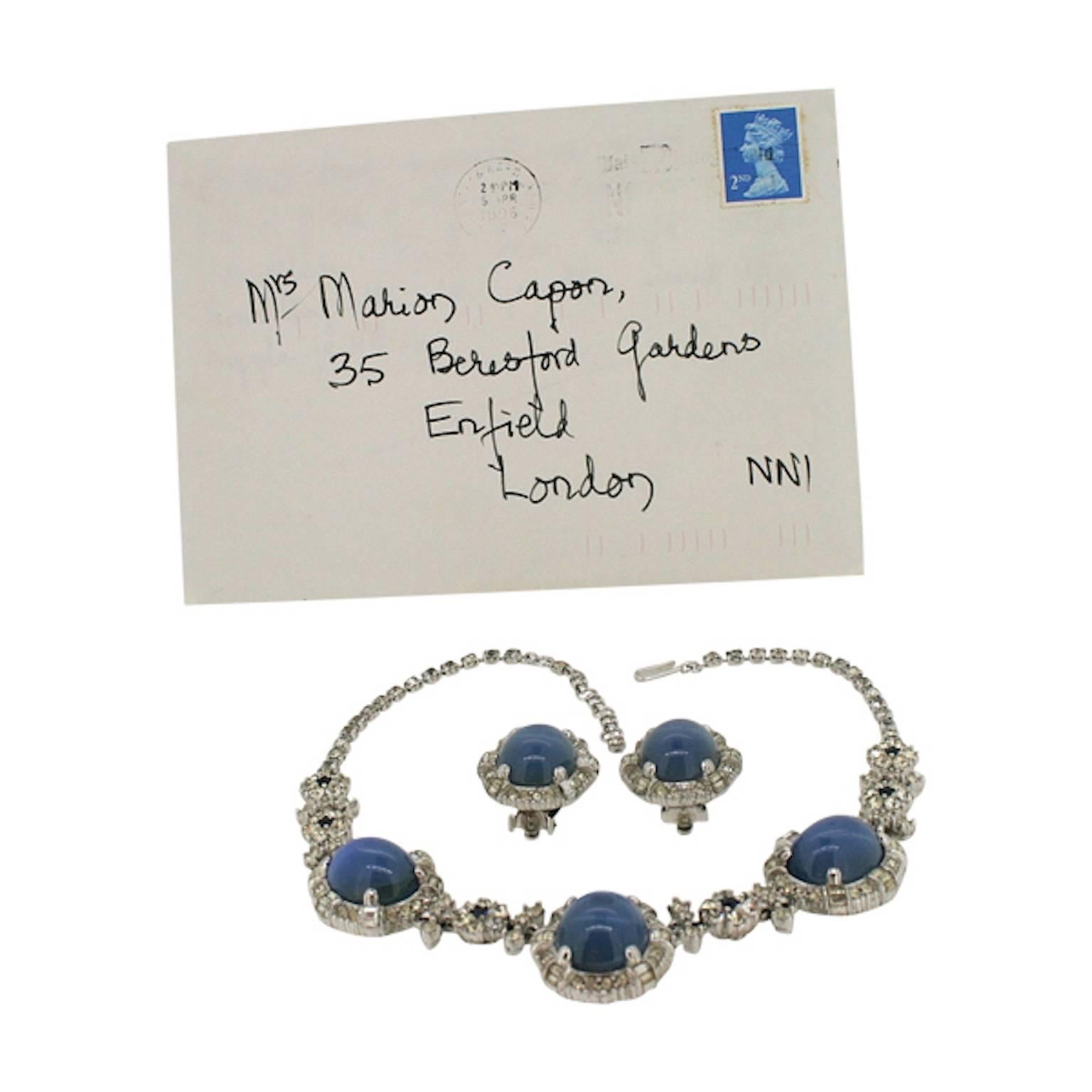 Ciner 1949 Rhinestone and Blue Glass Necklace and Earrings Set For Sale