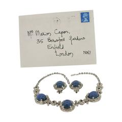 Vintage Ciner 1949 Rhinestone and Blue Glass Necklace and Earrings Set