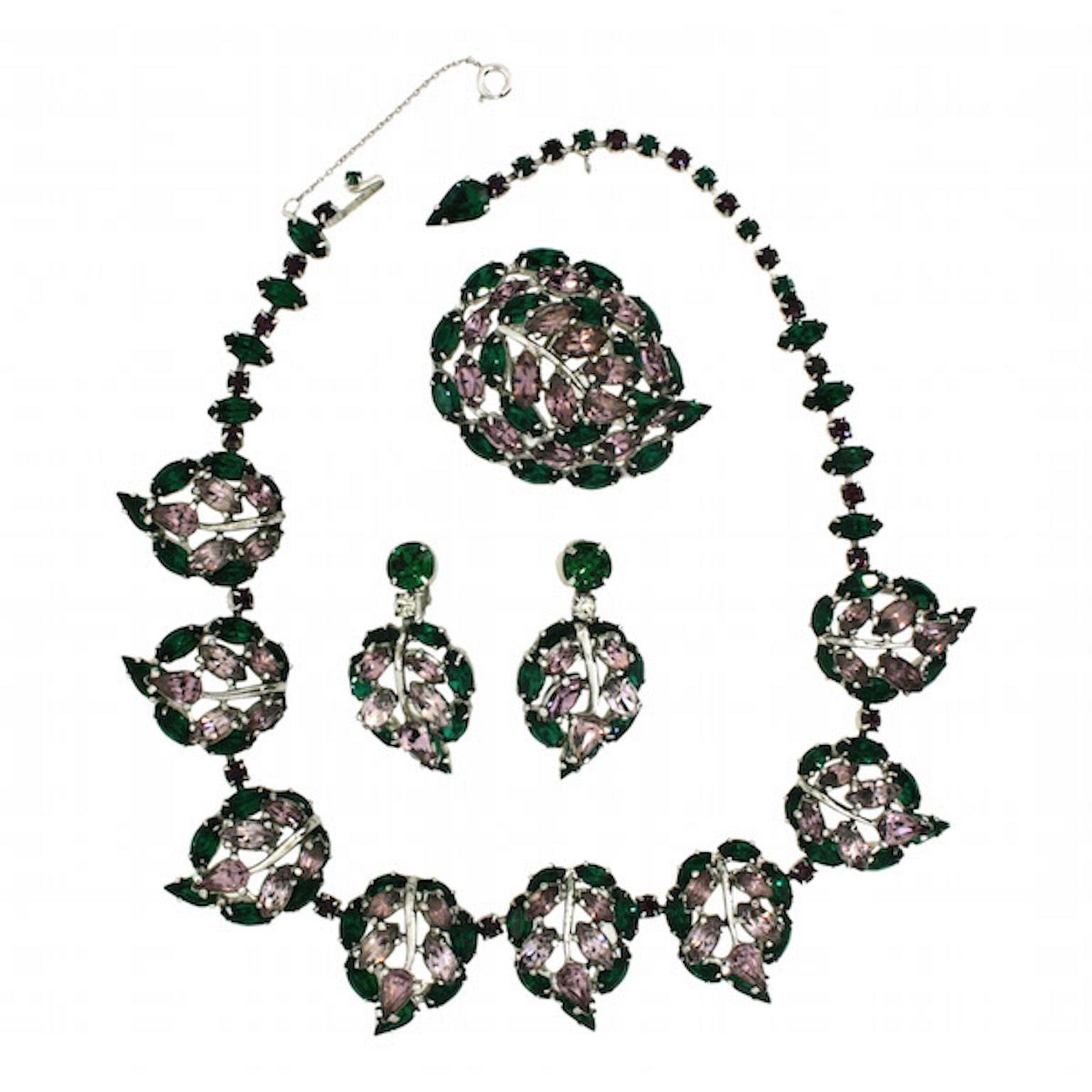 Christian Dior by Mitchel Maer 1950s Vintage Rhinestone Necklace, Earrings and B For Sale