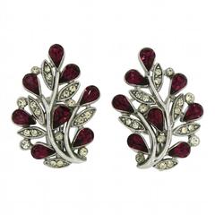 Trifari 1940s Ruby Rhinestone Floral Vintage Earrings