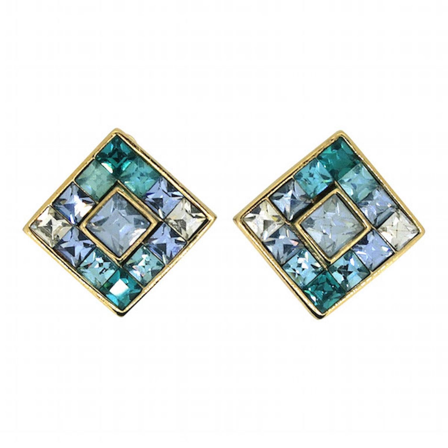 Givenchy 1980s Blue and Green Rhinestone Vintage Earrings For Sale