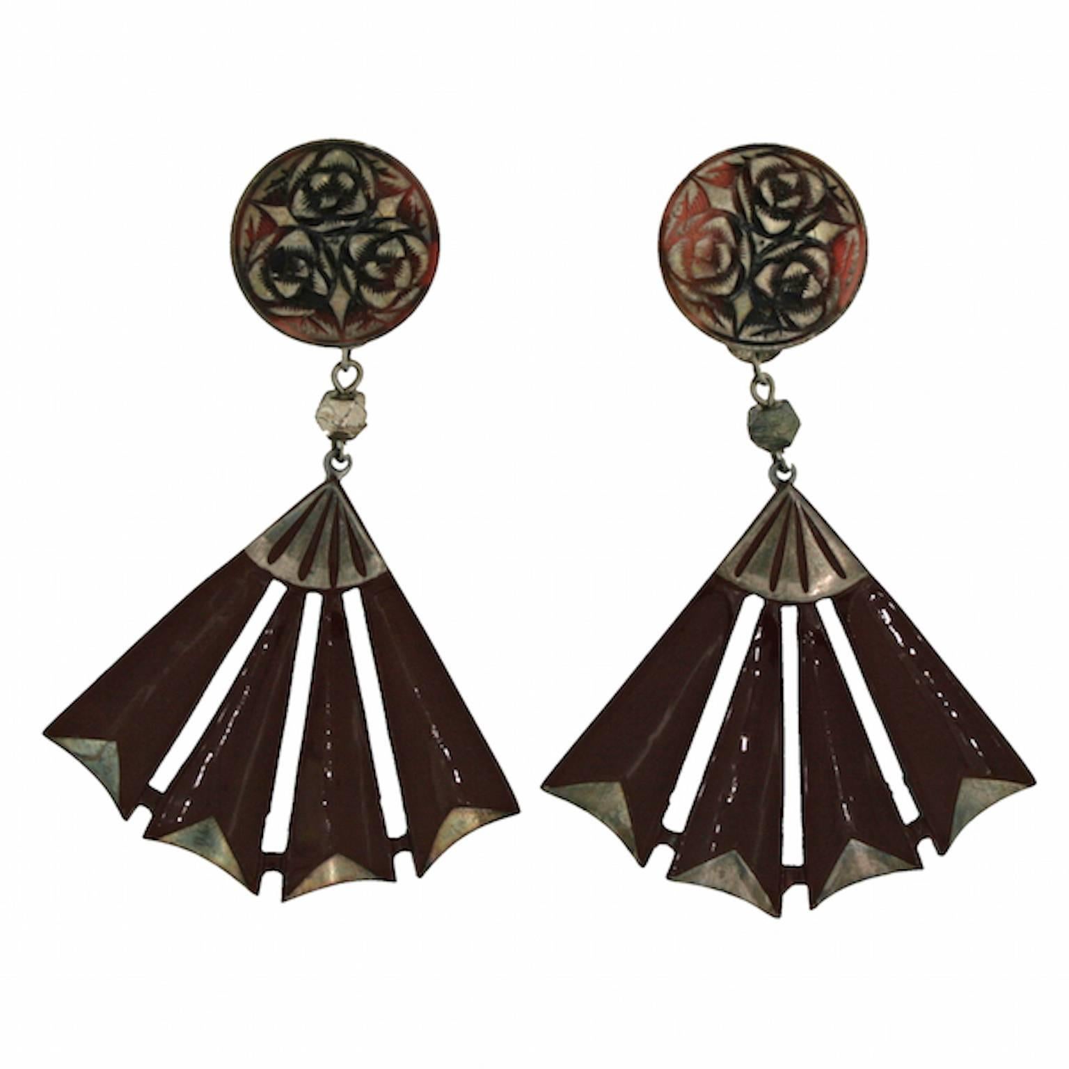 Auguste Bonaz 1920s Brown & Silver Celluloid Vintage Earrings