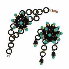 1940s Turquoise Glass and Black Plastic Vintage Jewellery Set