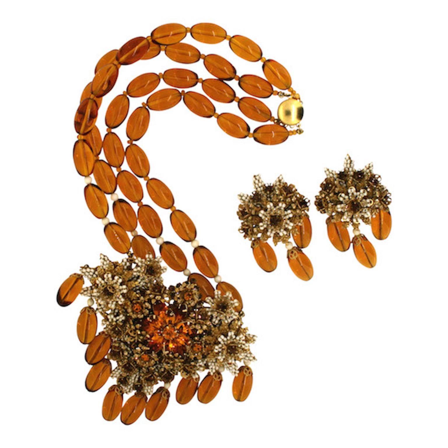 Stanley Hagler 1980s Amber Floral Necklace and Earrings Set For Sale