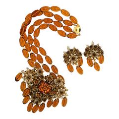 Retro Stanley Hagler 1980s Amber Floral Necklace and Earrings Set