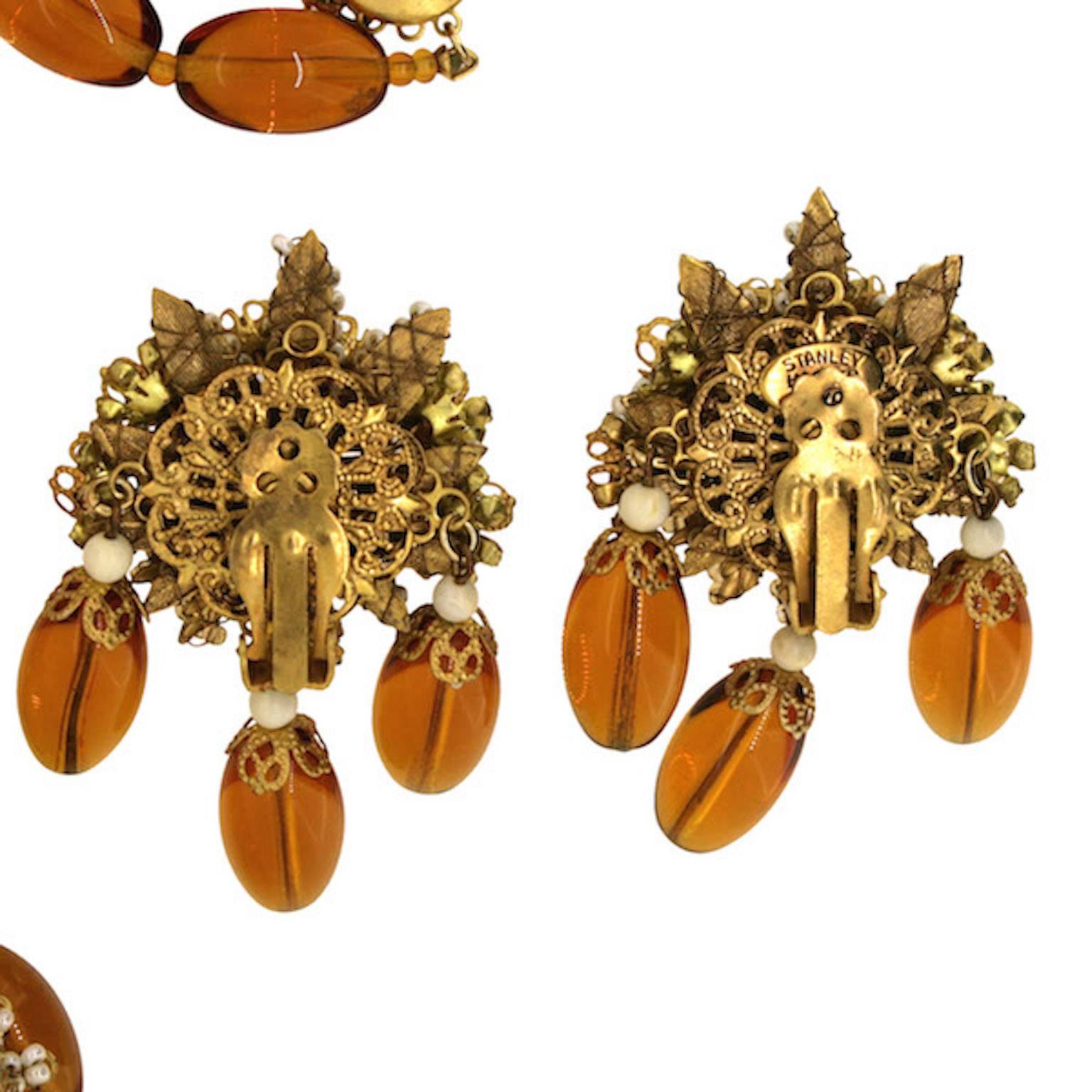 Stanley Hagler 1980s Amber Floral Necklace and Earrings Set For Sale 3