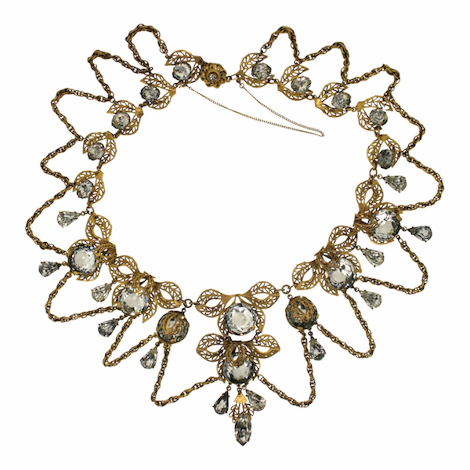 1950s French Couture Gilt Metal and Rhinestone Vintage Necklace