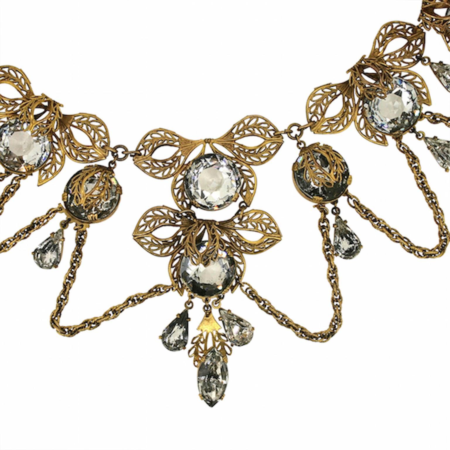 1950s French Couture Gilt Metal and Rhinestone Vintage Necklace In Good Condition In Wigan, GB