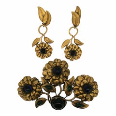 Joseff of Hollywood 1940s Russian Gold Plate Vintage Floral Brooch and Earrings 