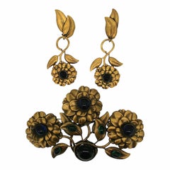 Joseff of Hollywood 1940s Russian Gold Plate Vintage Floral Brooch and Earrings 1