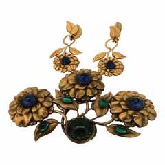 Joseff of Hollywood 1940s Russian Gold Plate Vintage Floral Brooch and Earrings