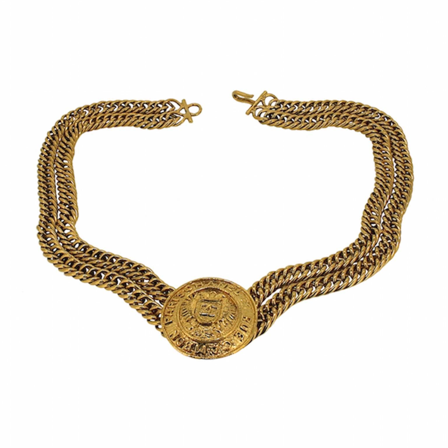 This show-stopping necklace is a fine example of Chanel's craftsmanship. It features a timeless and wearable design.
Condition Report:
Excellent
The Details...
This gold plated necklace features two strands of curb link chain soldered together at a