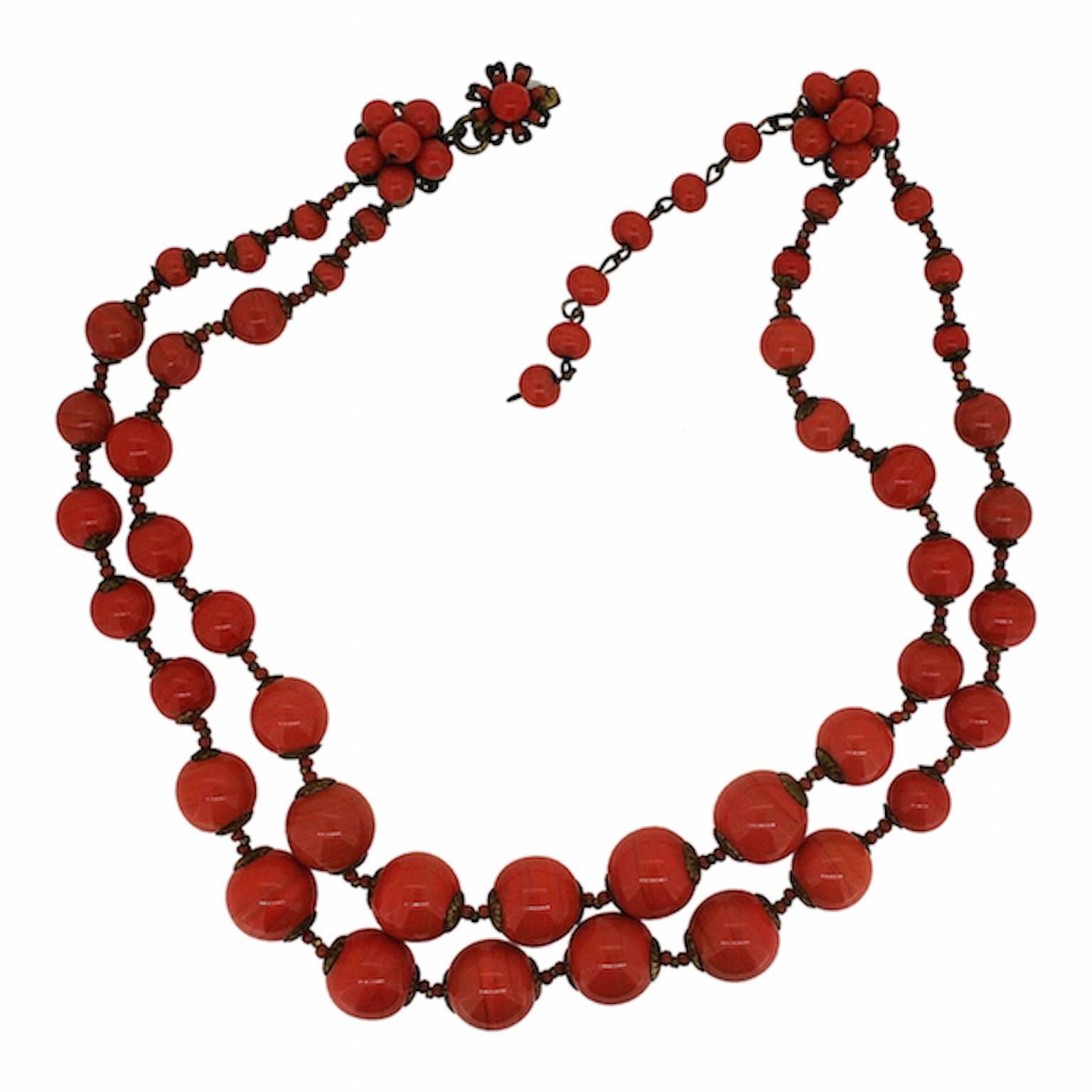 Miriam Haskell 1960s Coral Glass Bead Vintage Necklace For Sale