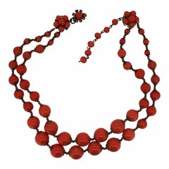 Miriam Haskell 1960s Coral Glass Bead Vintage Necklace