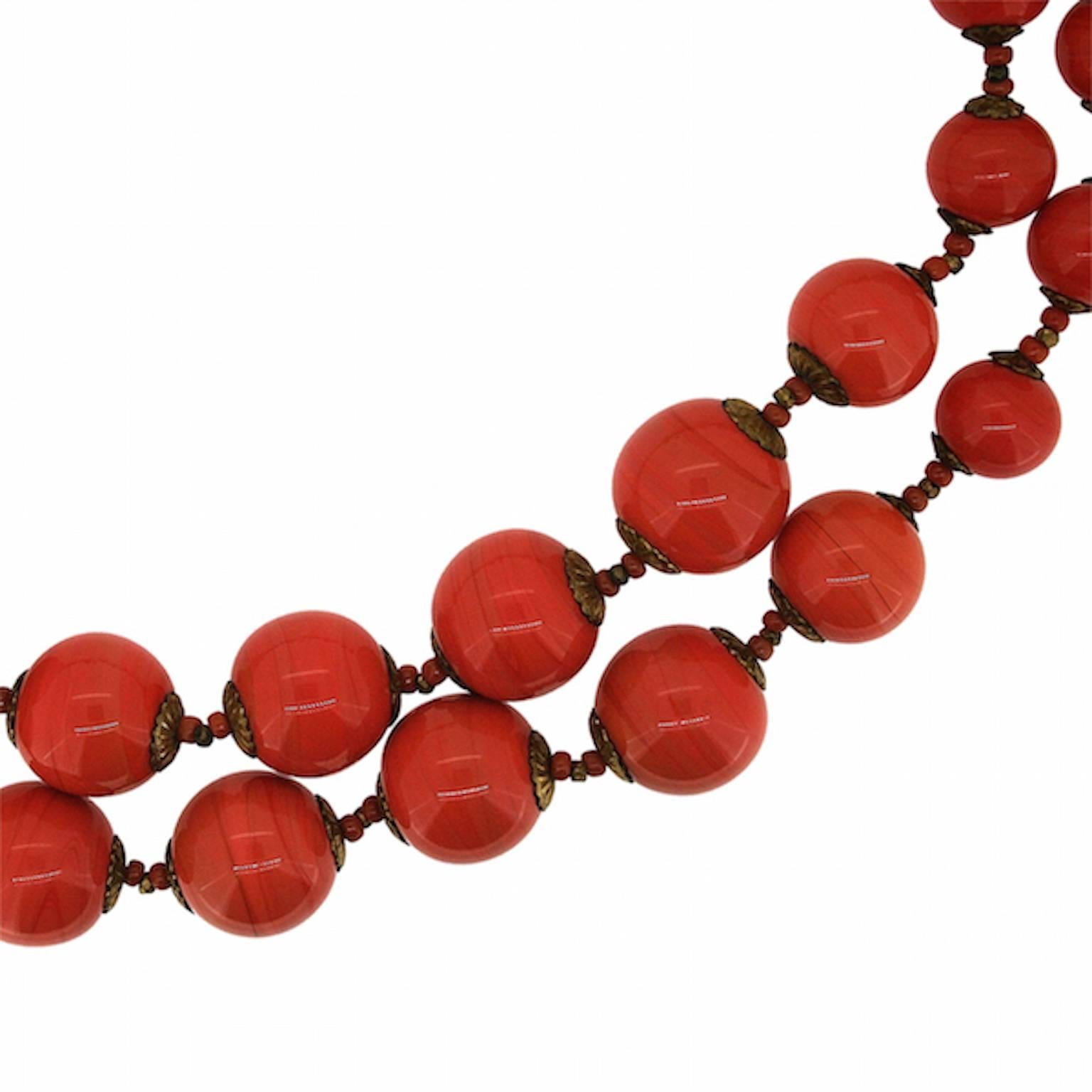 Women's Miriam Haskell 1960s Coral Glass Bead Vintage Necklace For Sale
