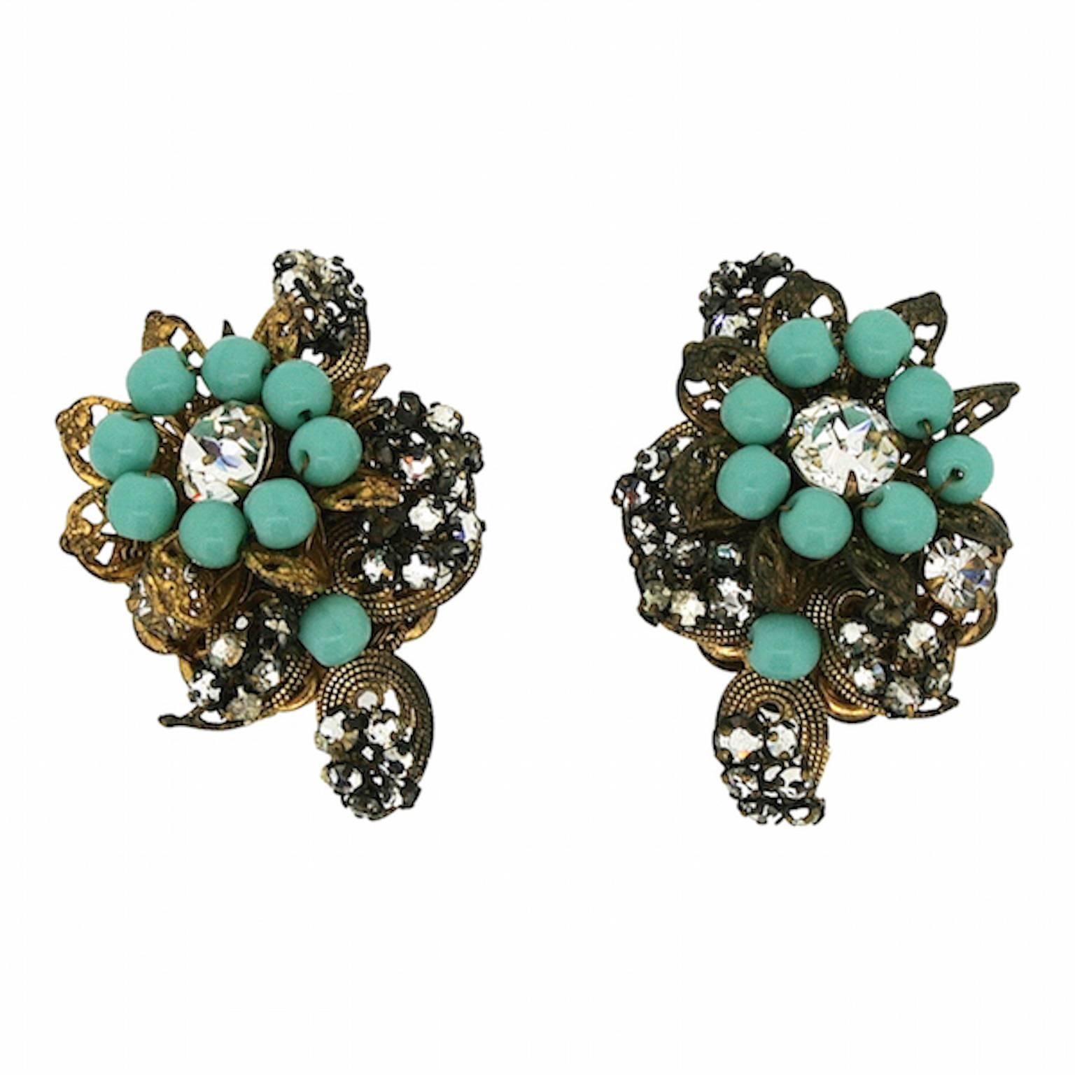Miriam Haskell 1950s Rhinestone & Turquoise Glass Vintage Earrings  For Sale