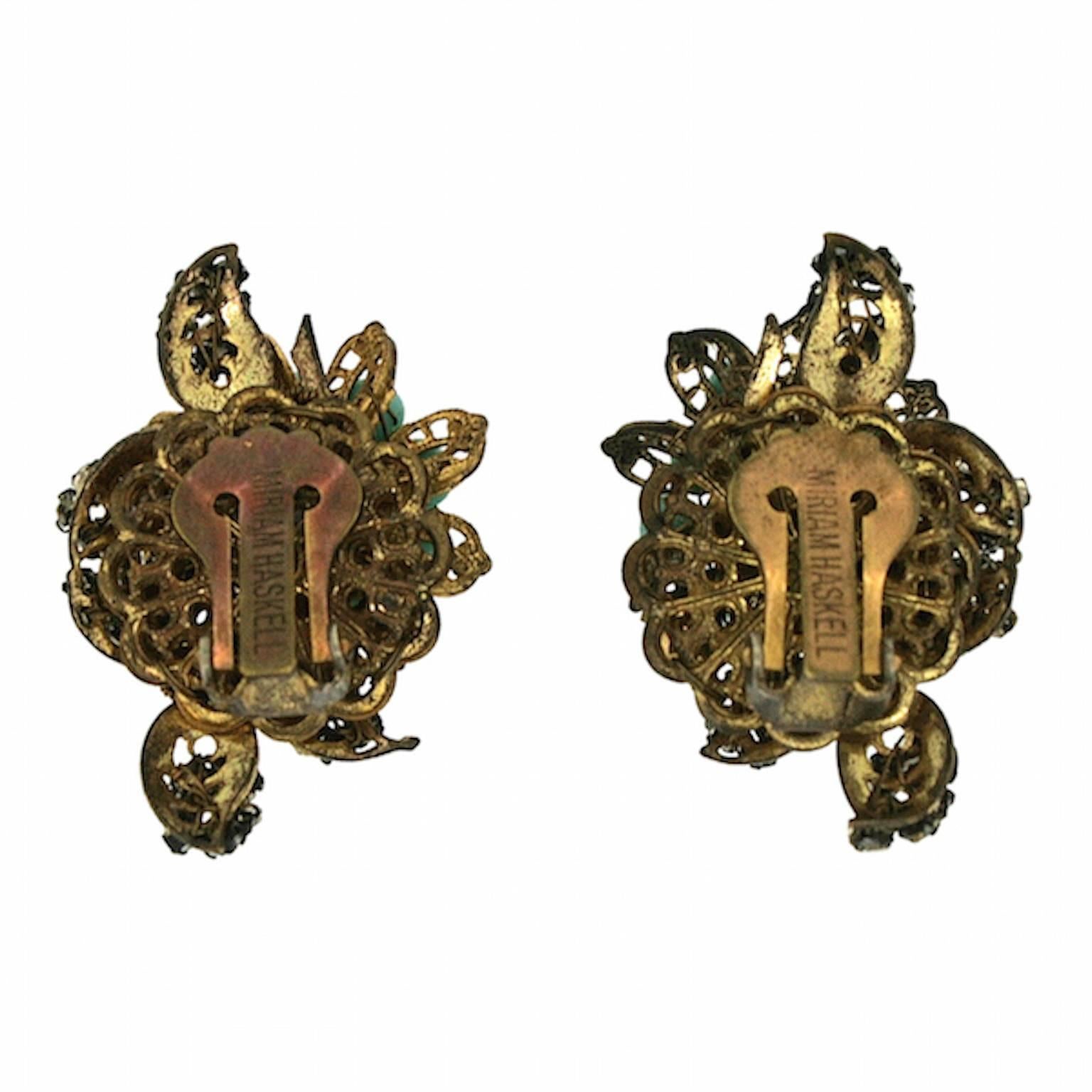 Miriam Haskell 1950s Rhinestone & Turquoise Glass Vintage Earrings In Fair Condition For Sale In Wigan, GB