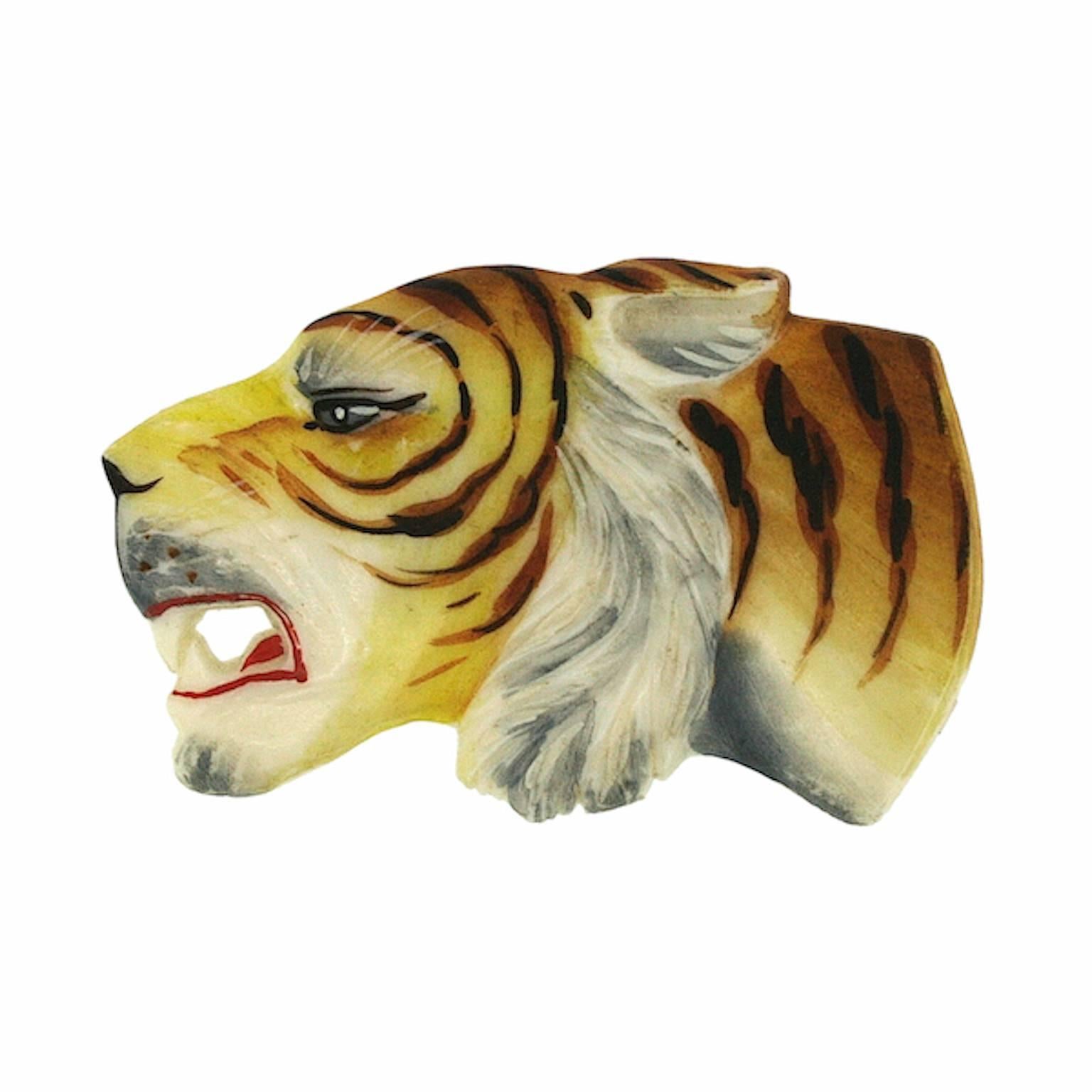 1930s Hand-Painted Celluloid Vintage Tiger Brooch