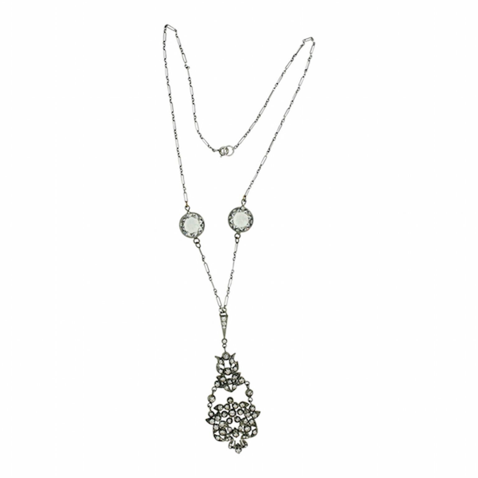 Edwardian Rhinestone and Crystal Floral Vintage Pendant Necklace For Sale