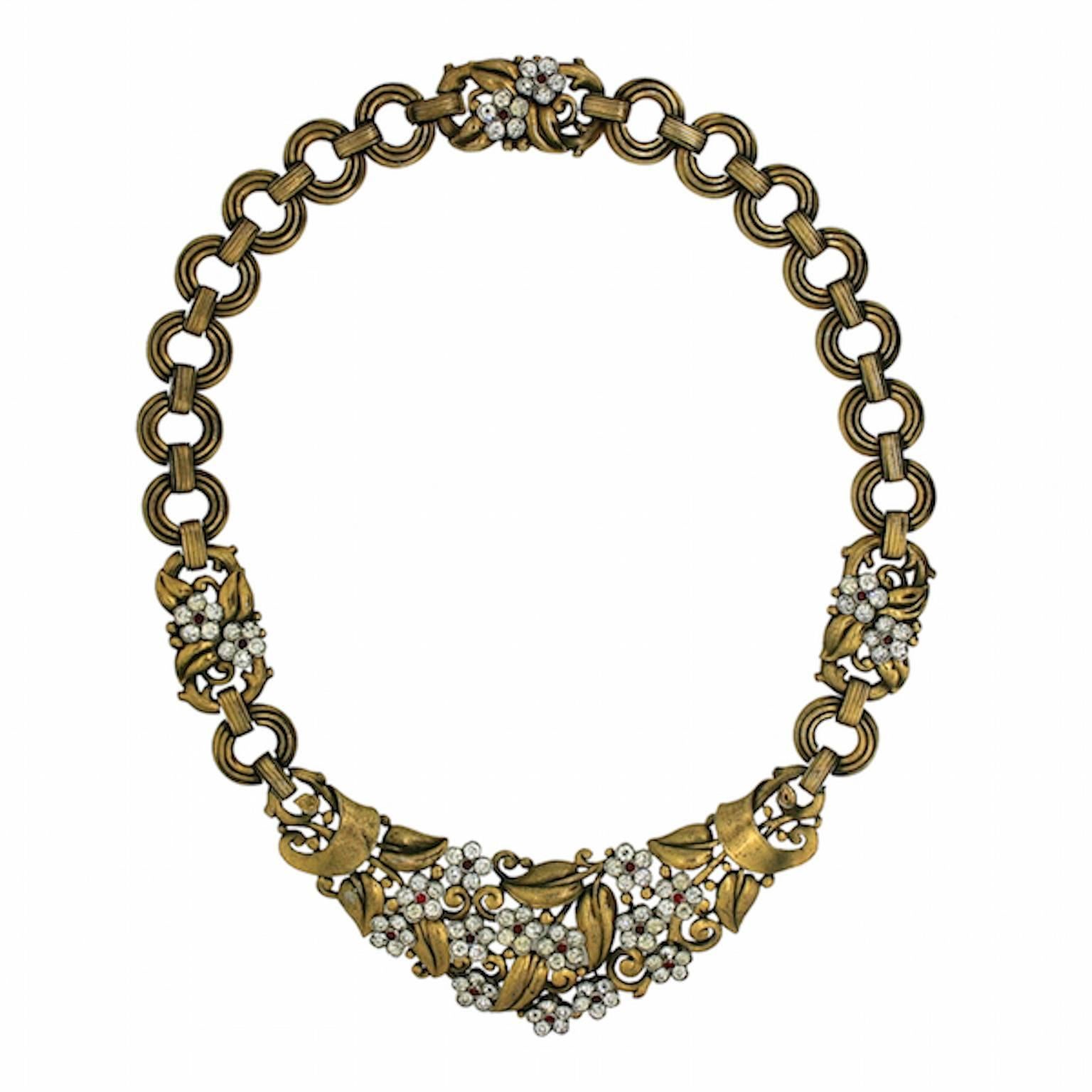 Trifari 1940s Rhinestone Floral Design and Gilt Metal Vintage Necklace For Sale