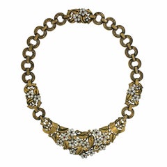 Trifari 1940s Rhinestone Floral Design and Gilt Metal Vintage Necklace