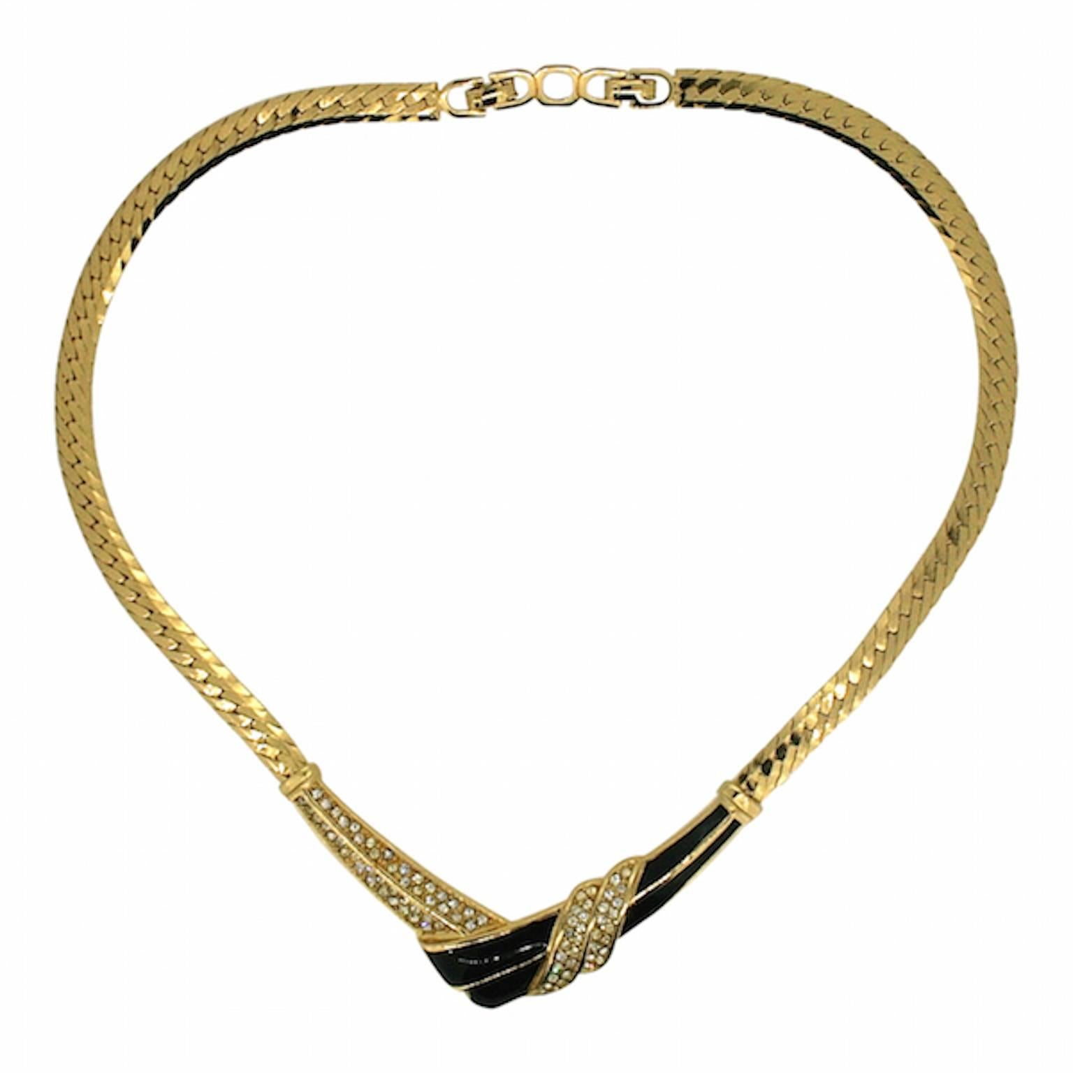 This classic and impactful necklace is by Christian Dior. It was made in the 1970s in Germany for the French fashion house. 
Condition Report:
Very Good - Slight discolouration to one rhinestone. This is only visible upon very close inspection and