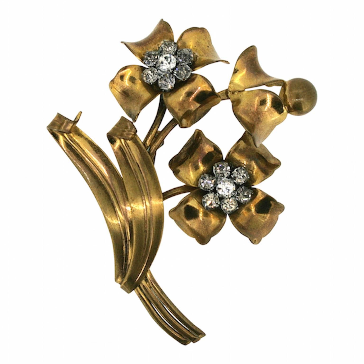 1940s French Rhinestone Flowers Vintage Brooch For Sale