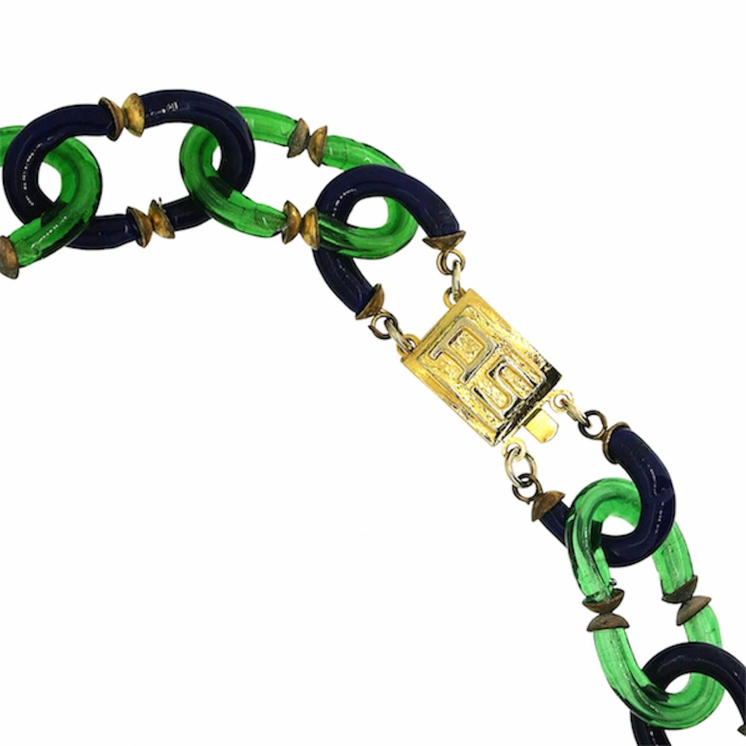 Women's Archimede Seguso for Chanel 1970s Blue and Green Glass Link Vintage Necklace For Sale