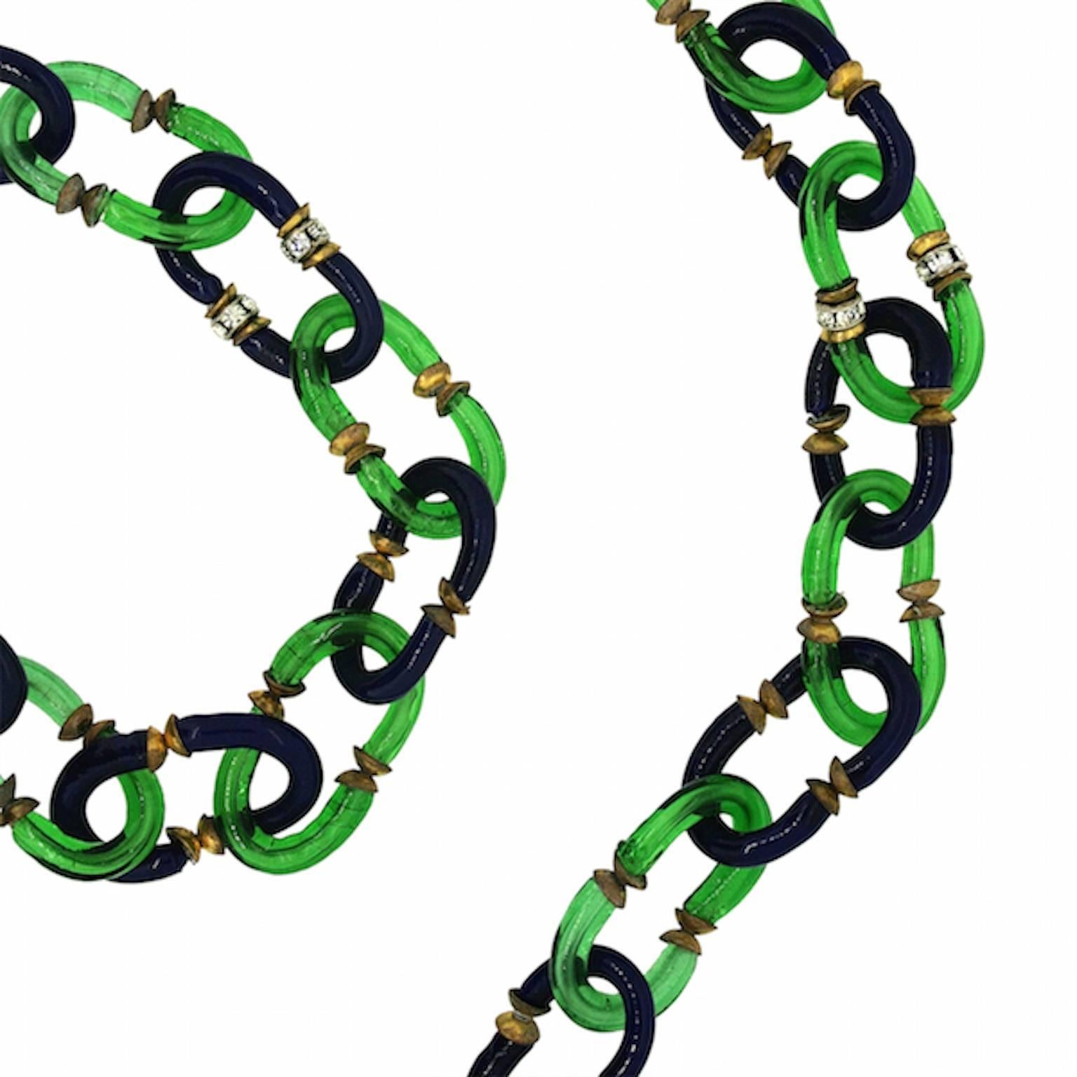 Archimede Seguso for Chanel 1970s Blue and Green Glass Link Vintage Necklace In Good Condition For Sale In Wigan, GB