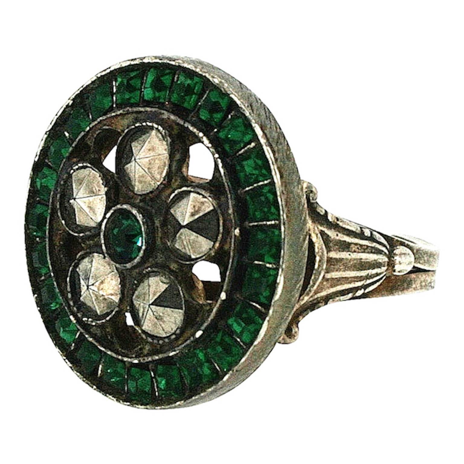René Mittler 1920s Green Rhinestone and Cut Steel Vintage Ring For Sale