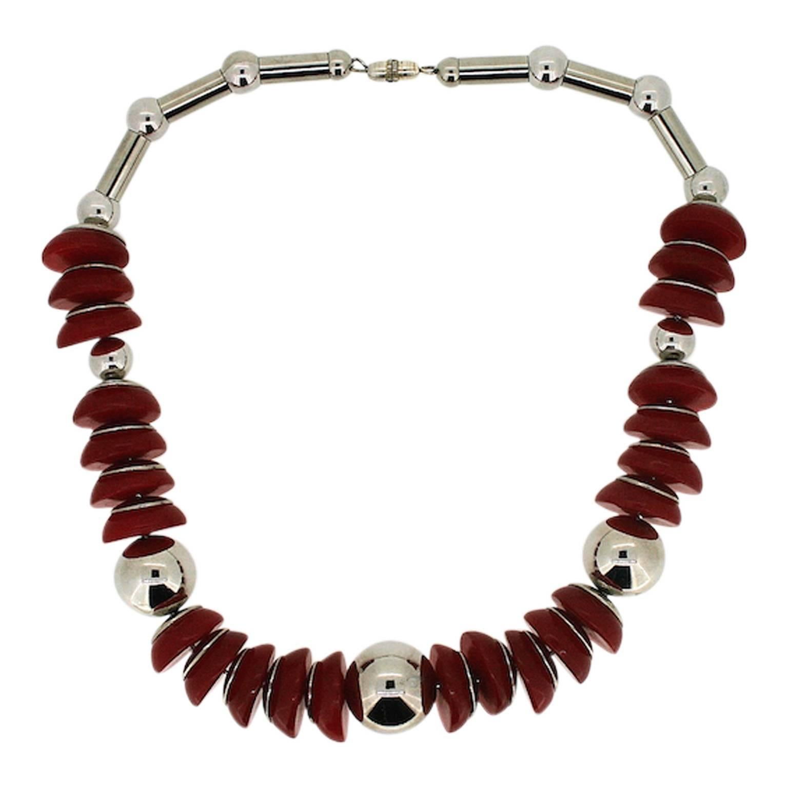 Jakob Bengel 1932 Chrome and Red Plastic Necklace For Sale