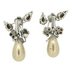 Schreiner 1950s Rhinestone and Faux Pearl Vintage Floral Earrings